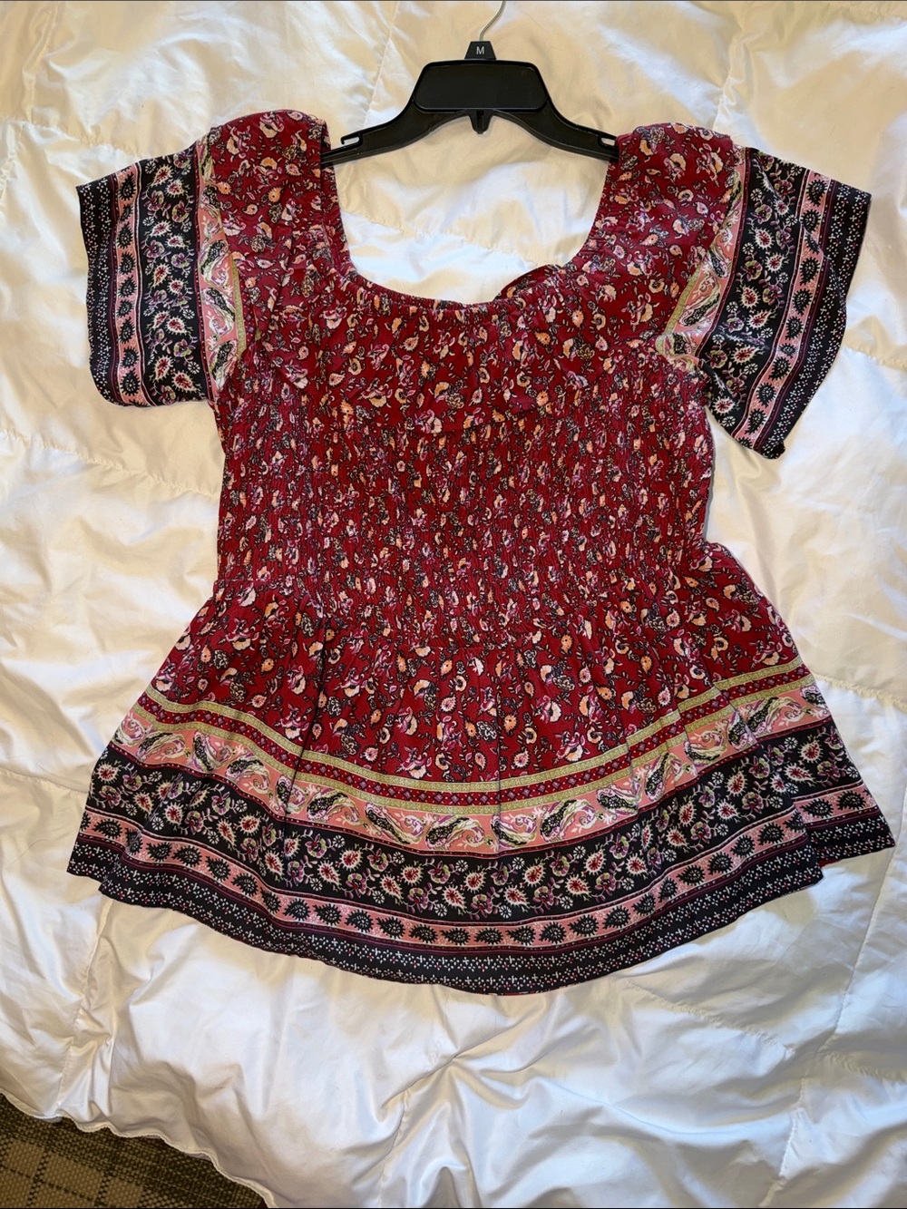 Maurices Red Floral Smocked Round-Neck Blouse with Paisley Border